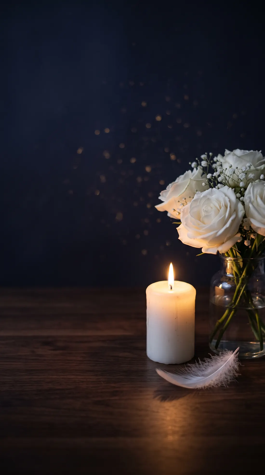 Vela blanca encendida junto a un ramo de rosas blancas y una pluma, de noche